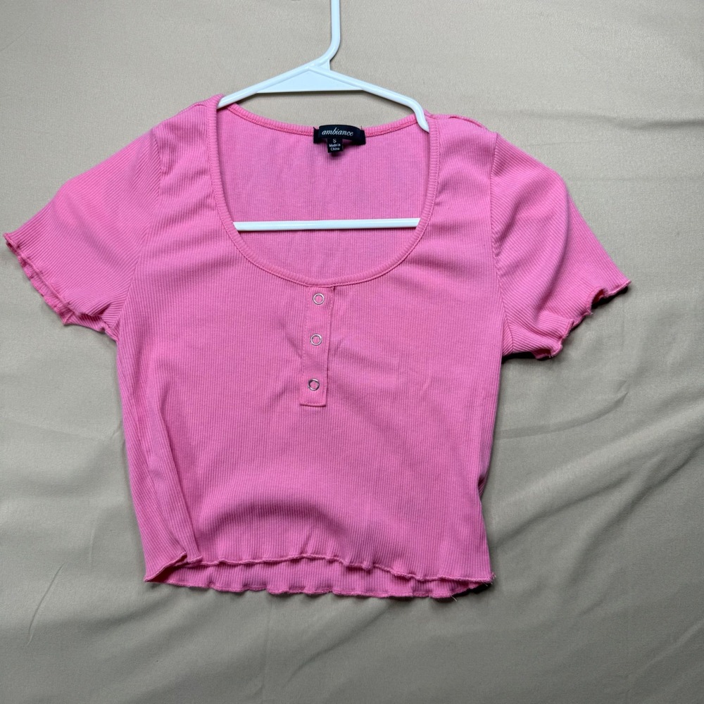 Ambiance Pink Ribbed Henley Crop Top Short Sleeve Lettuce Trim Small